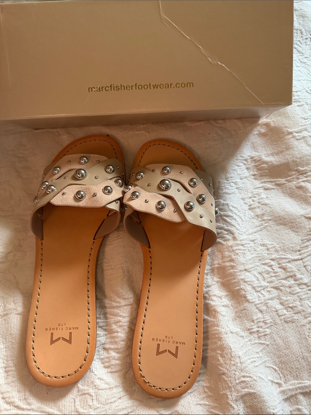 Marc Fisher Cream Leather Studded Slide Sandals